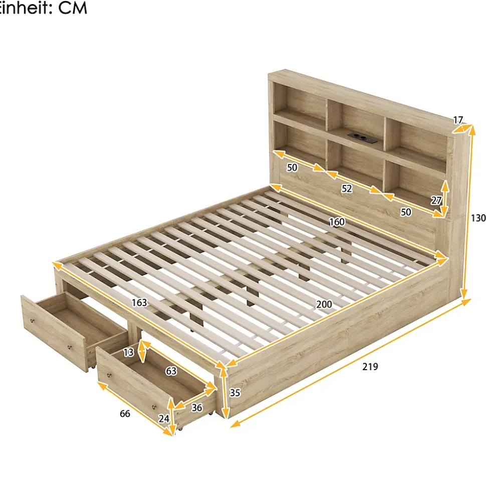 Lit avec rangement 160 x 200 cm Lit double avec 2 tiroirs et tête de lit fonctionnelle - Sans matelas - Naturel