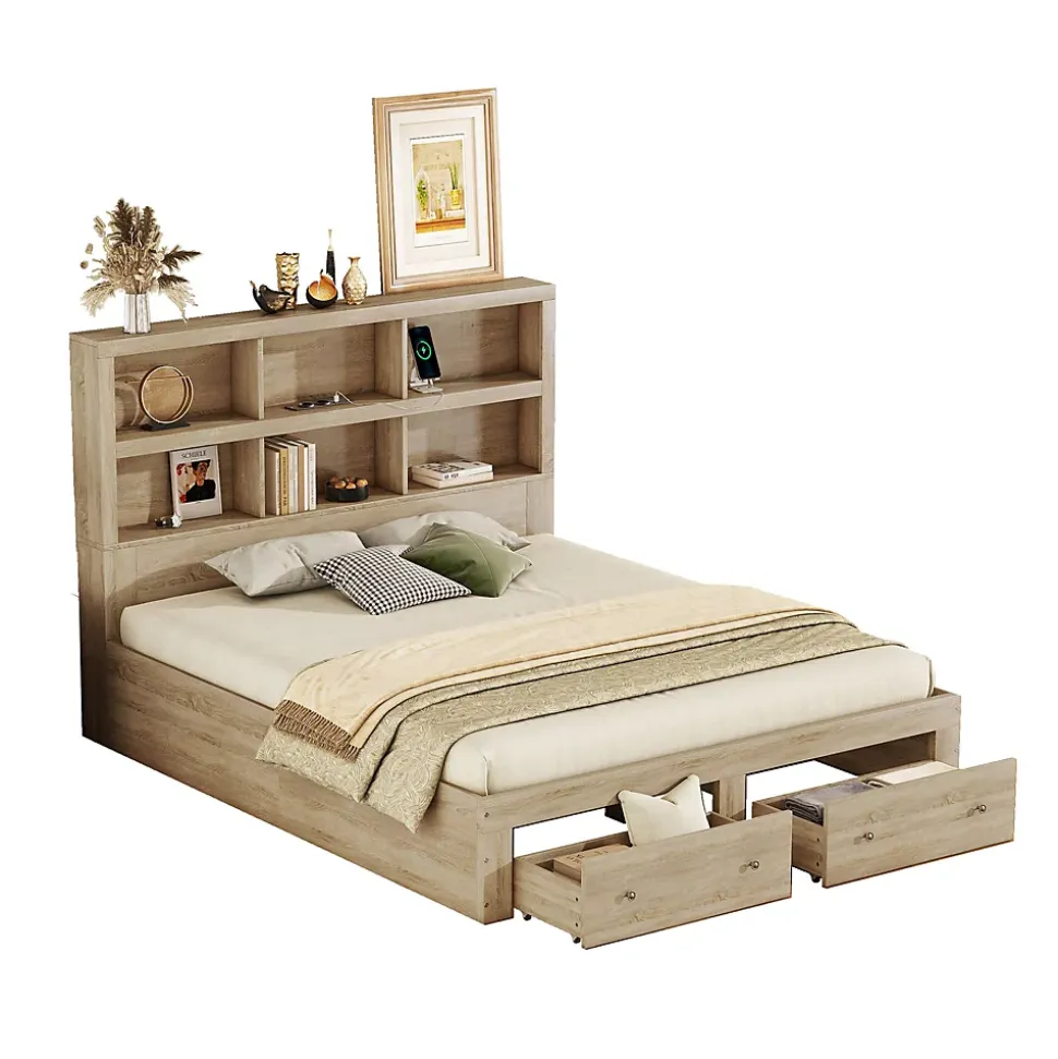 Lit avec rangement 160 x 200 cm Lit double avec 2 tiroirs et tête de lit fonctionnelle - Sans matelas - Naturel