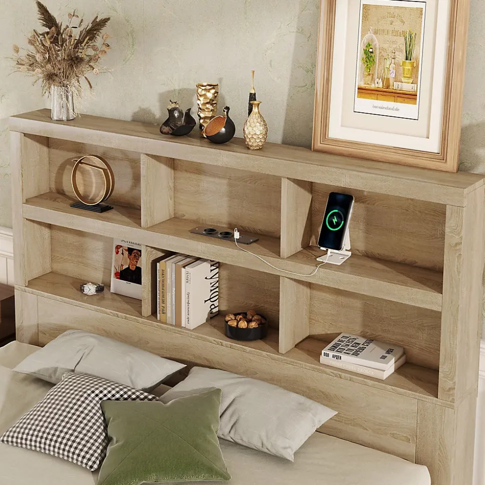 Lit avec rangement 160 x 200 cm Lit double avec 2 tiroirs et tête de lit fonctionnelle - Sans matelas - Naturel