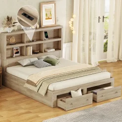 Lit avec rangement 160 x 200 cm Lit double avec 2 tiroirs et tête de lit fonctionnelle - Sans matelas - Naturel