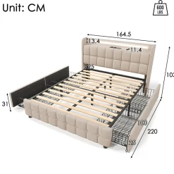 Lit avec rangement 160 x 200 cm - Lit Double avec Ports USB et LED - Lin Bois Métal - Sans Matelas - Beige