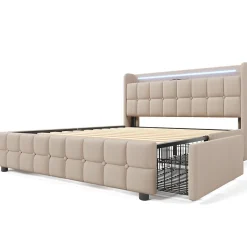 Lit avec rangement 160 x 200 cm - Lit Double avec Ports USB et LED - Lin Bois Métal - Sans Matelas - Beige