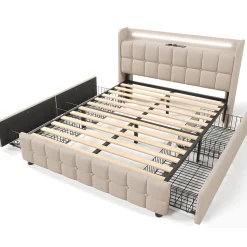Lit avec rangement 160 x 200 cm - Lit Double avec Ports USB et LED - Lin Bois Métal - Sans Matelas - Beige