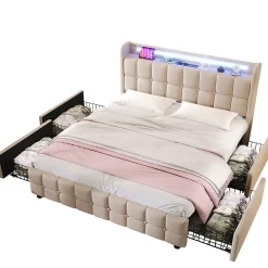 Lit avec rangement 160 x 200 cm - Lit Double avec Ports USB et LED - Lin Bois Métal - Sans Matelas - Beige