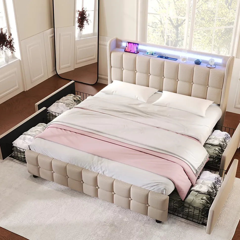 Lit avec rangement 140 x 200 cm - Lit Double avec 4 Tiroirs et LED - Lin Bois Métal - Sans Matelas - Beige