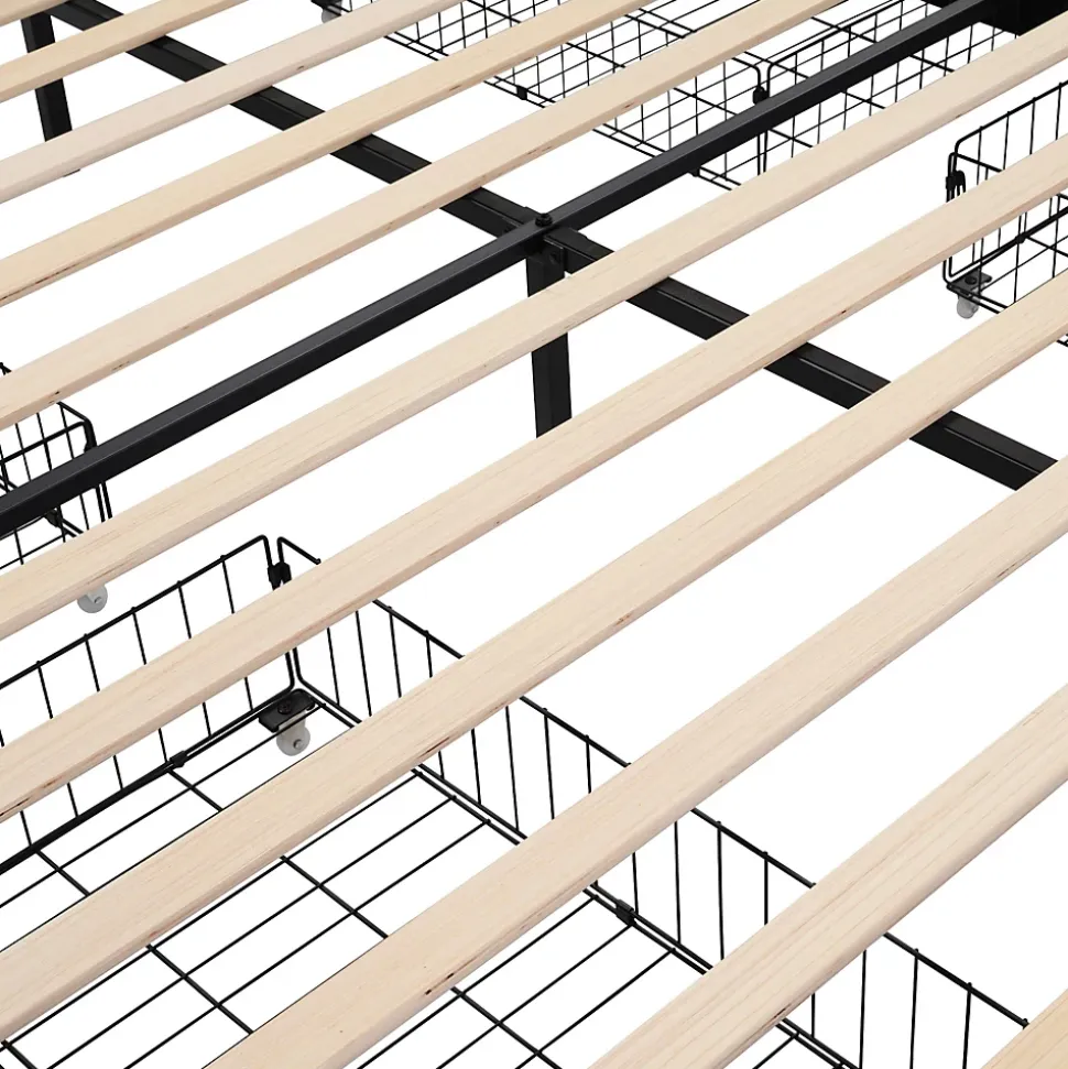 Lit avec rangement 140 x 200 cm - Lit Double avec 4 Tiroirs et LED - Lin Bois Métal - Sans Matelas - Beige