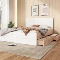 Lit avec rangement 180 x 200 cm - Lit Double avec 2 Tiroirs - Bois MDF - Sans Matelas - Blanc Chêne