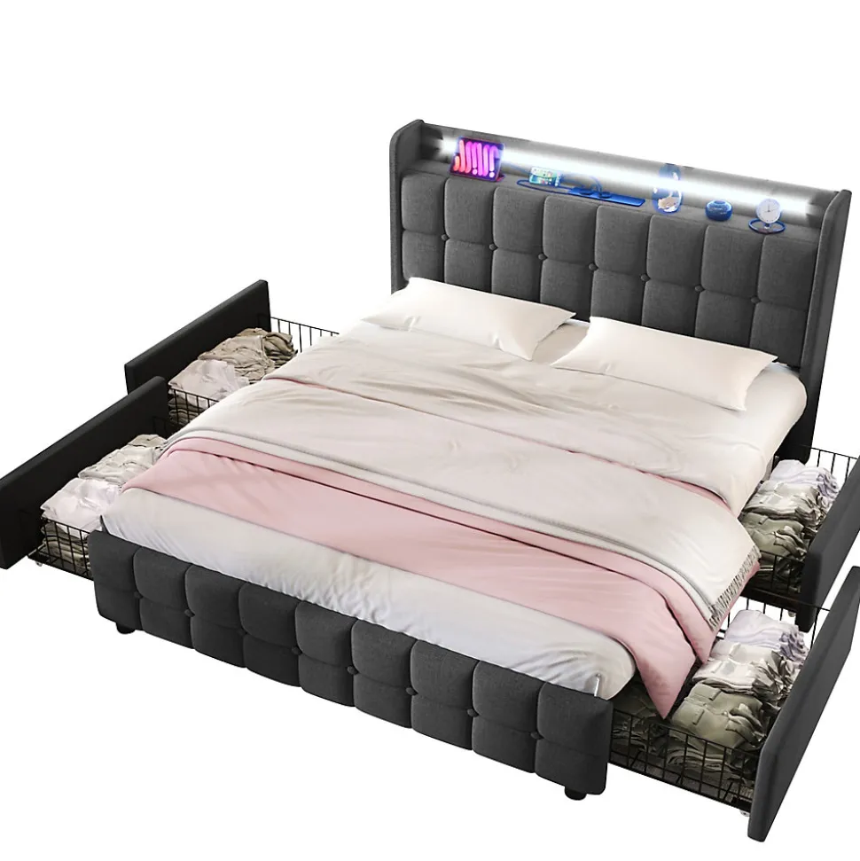 Lit avec rangement 140 x 200 cm - Lit Double avec 4 Tiroirs et LED - Lin Bois Métal - Sans Matelas - Gris