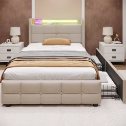 Lit avec rangement 90 x 200 cm - Lit Simple avec Ports USB et Matelas - Lin Bois Métal - avec Matelas - Beige