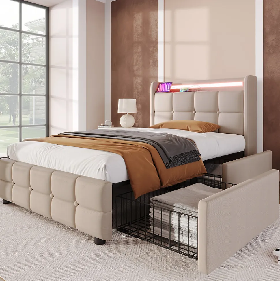 Lit avec rangement 90 x 200 cm - Lit Simple avec Ports USB et Matelas - Lin Bois Métal - avec Matelas - Beige