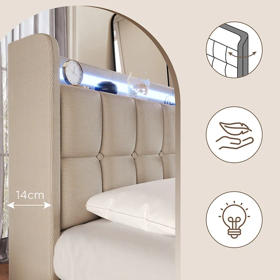 Lit avec rangement 90 x 200 cm - Lit Simple avec Ports USB et Matelas - Lin Bois Métal - avec Matelas - Beige