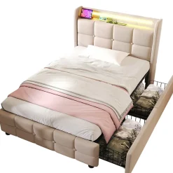 Lit avec rangement 90 x 200 cm - Lit Simple avec Ports USB et Matelas - Lin Bois Métal - avec Matelas - Beige