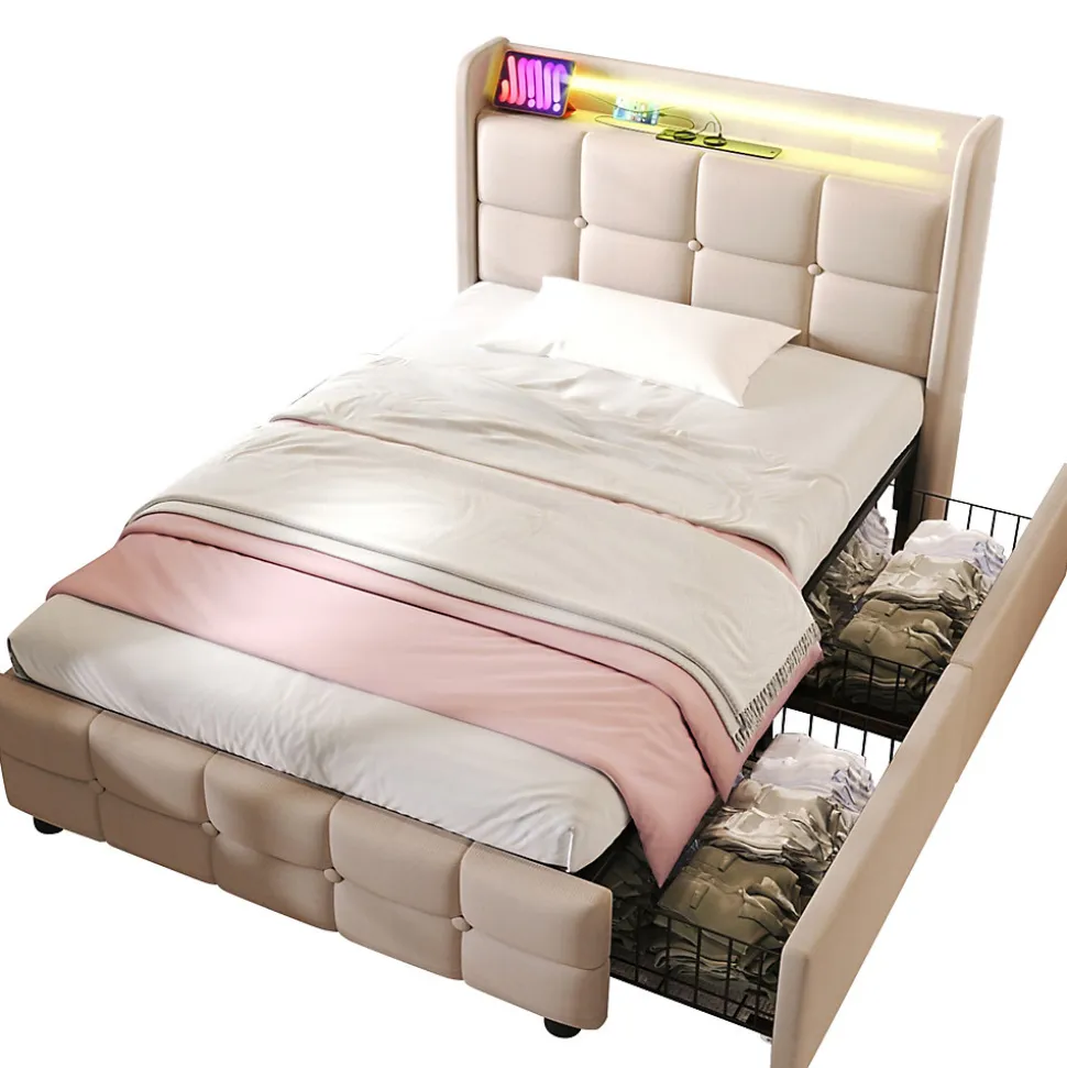 Lit avec rangement 90 x 200 cm - Lit Simple avec Ports USB et Matelas - Lin Bois Métal - avec Matelas - Beige