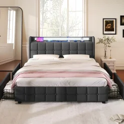 Lit avec rangement 160 x 200 cm - Lit Double avec Ports USB et LED - Lin Bois Métal - Sans Matelas - Gris