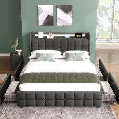 Lit avec rangement 180 x 200 cm - Lit Double avec Ports USB et LED - Lin Bois Métal - Sans Matelas - Gris