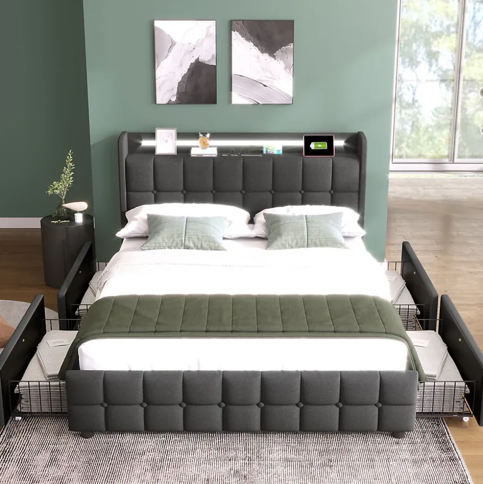 Lit avec rangement 180 x 200 cm - Lit Double avec Ports USB et LED - Lin Bois Métal - Sans Matelas - Gris