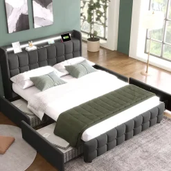 Lit avec rangement 180 x 200 cm - Lit Double avec Ports USB et LED - Lin Bois Métal - Sans Matelas - Gris