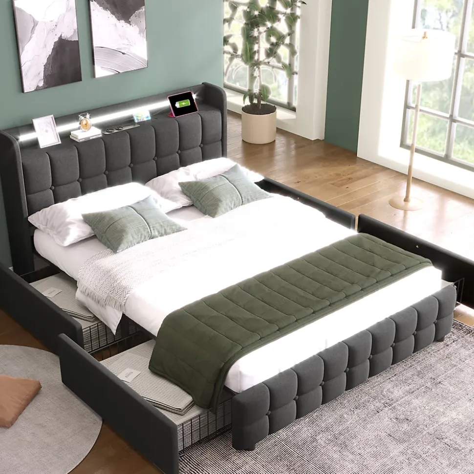 Lit avec rangement 180 x 200 cm - Lit Double avec Ports USB et LED - Lin Bois Métal - Sans Matelas - Gris