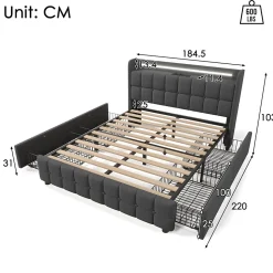 Lit avec rangement 180 x 200 cm - Lit Double avec Ports USB et LED - Lin Bois Métal - Sans Matelas - Gris