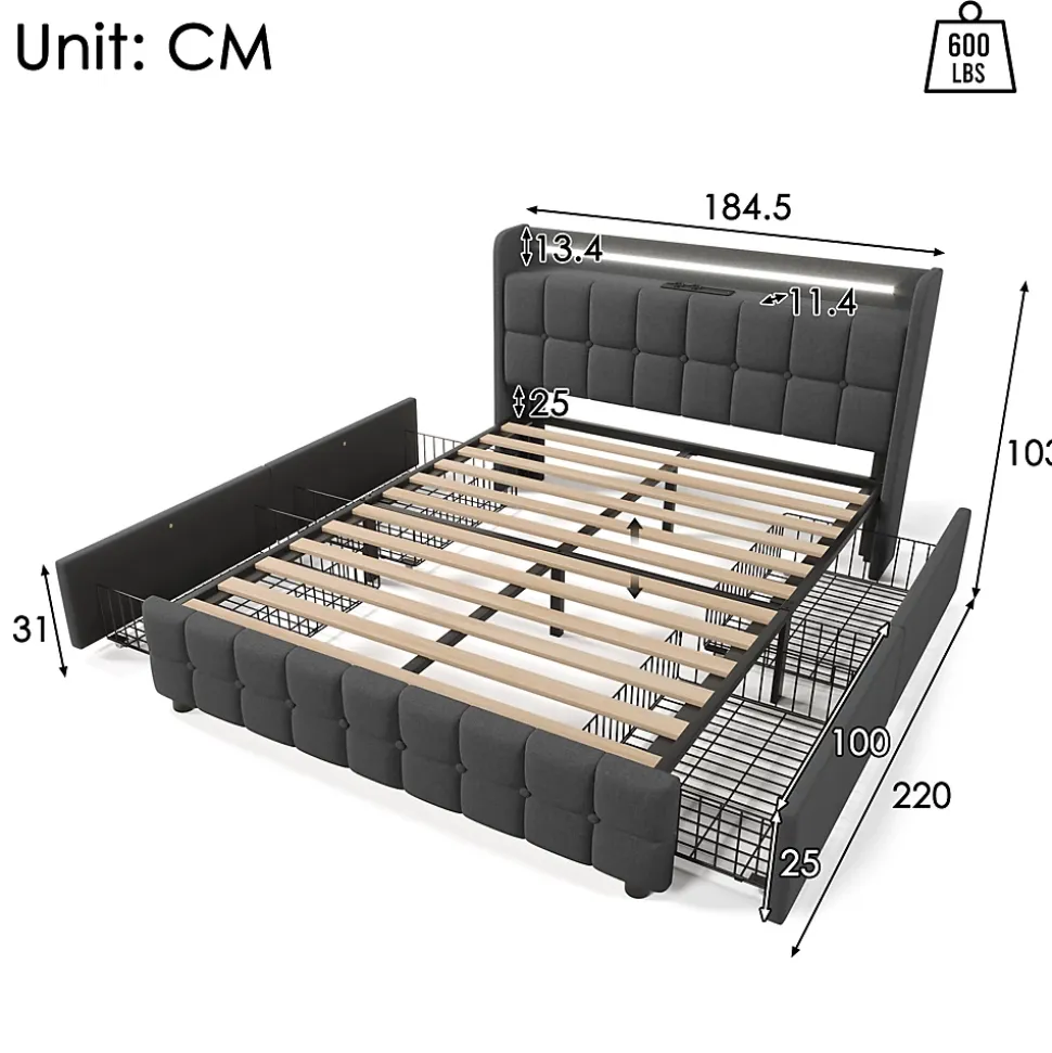 Lit avec rangement 180 x 200 cm - Lit Double avec Ports USB et LED - Lin Bois Métal - Sans Matelas - Gris