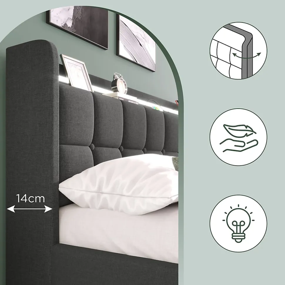 Lit avec rangement 180 x 200 cm - Lit Double avec Ports USB et LED - Lin Bois Métal - Sans Matelas - Gris