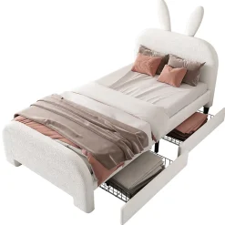 Lit avec rangement 90 x 200 cm - Lit Simple avec 2 Tiroirs - Peluche + MDF - Sans Matelas - Blanc