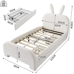 Lit avec rangement 90 x 200 cm - Lit Simple avec 2 Tiroirs - Peluche + MDF - Sans Matelas - Blanc