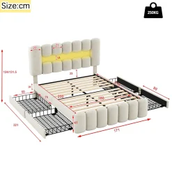 Lit avec Rangement 160 x 200 cm - Lit Capitonné avec 4 Tiroirs, LED et USB - Velours + MDF - Sans Matelas - Beige