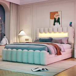 Lit avec Rangement 160 x 200 cm - Lit Capitonné avec 4 Tiroirs, LED et USB - Velours + MDF - Sans Matelas - Beige