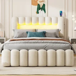 Lit avec Rangement 160 x 200 cm - Lit Capitonné avec 4 Tiroirs, LED et USB - Velours + MDF - Sans Matelas - Beige
