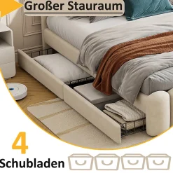 Lit avec Rangement 160 x 200 cm - Lit Capitonné avec 4 Tiroirs, LED et USB - Velours + MDF - Sans Matelas - Beige