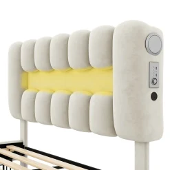 Lit avec Rangement 160 x 200 cm - Lit Capitonné avec 4 Tiroirs, LED et USB - Velours + MDF - Sans Matelas - Beige