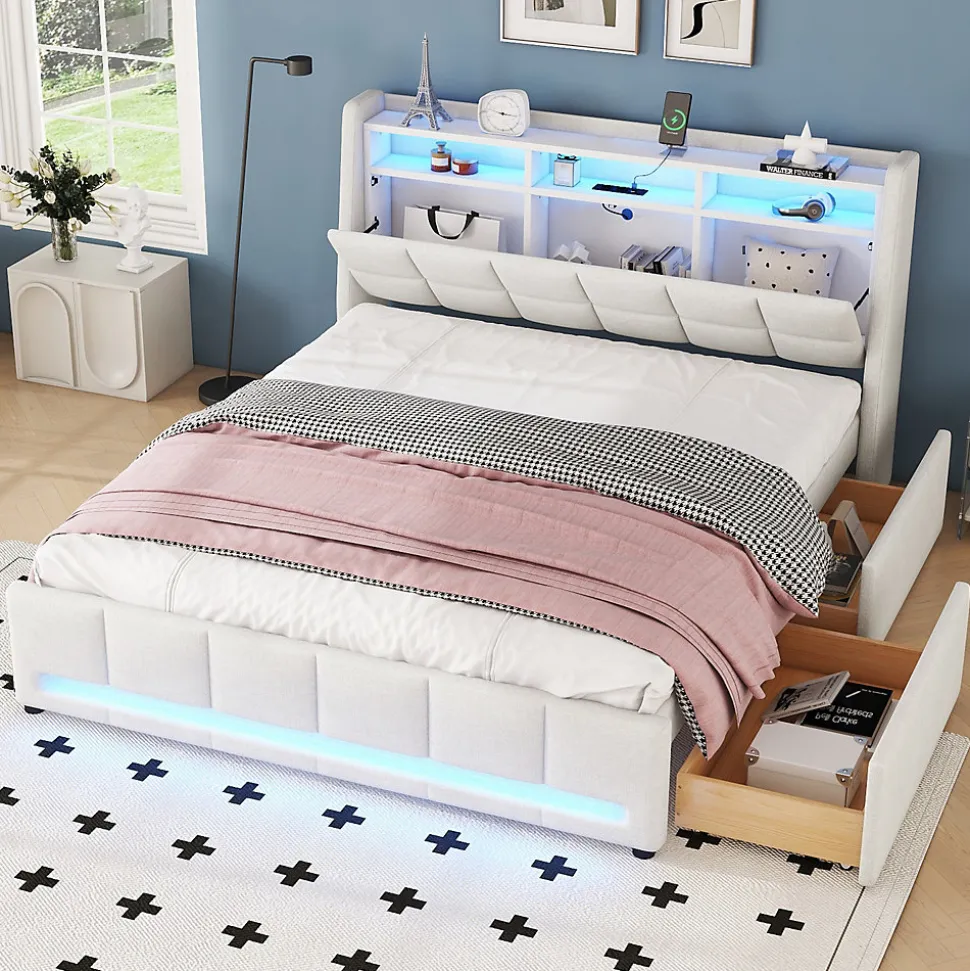 Lit avec rangement 160 x 200 cm - Lit Double avec 2 Tiroirs et Prise USB - Lin - Sans Matelas - Beige