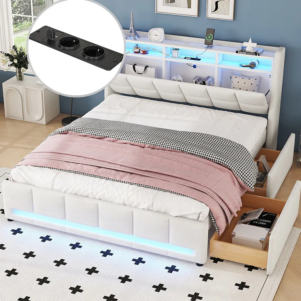 Lit avec rangement 160 x 200 cm - Lit Double avec 2 Tiroirs et Prise USB - Lin - Sans Matelas - Beige