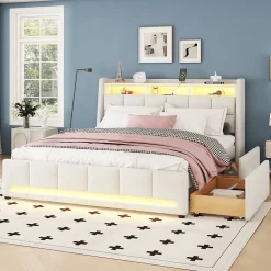 Lit avec rangement 160 x 200 cm - Lit Double avec 2 Tiroirs et Prise USB - Lin - Sans Matelas - Beige