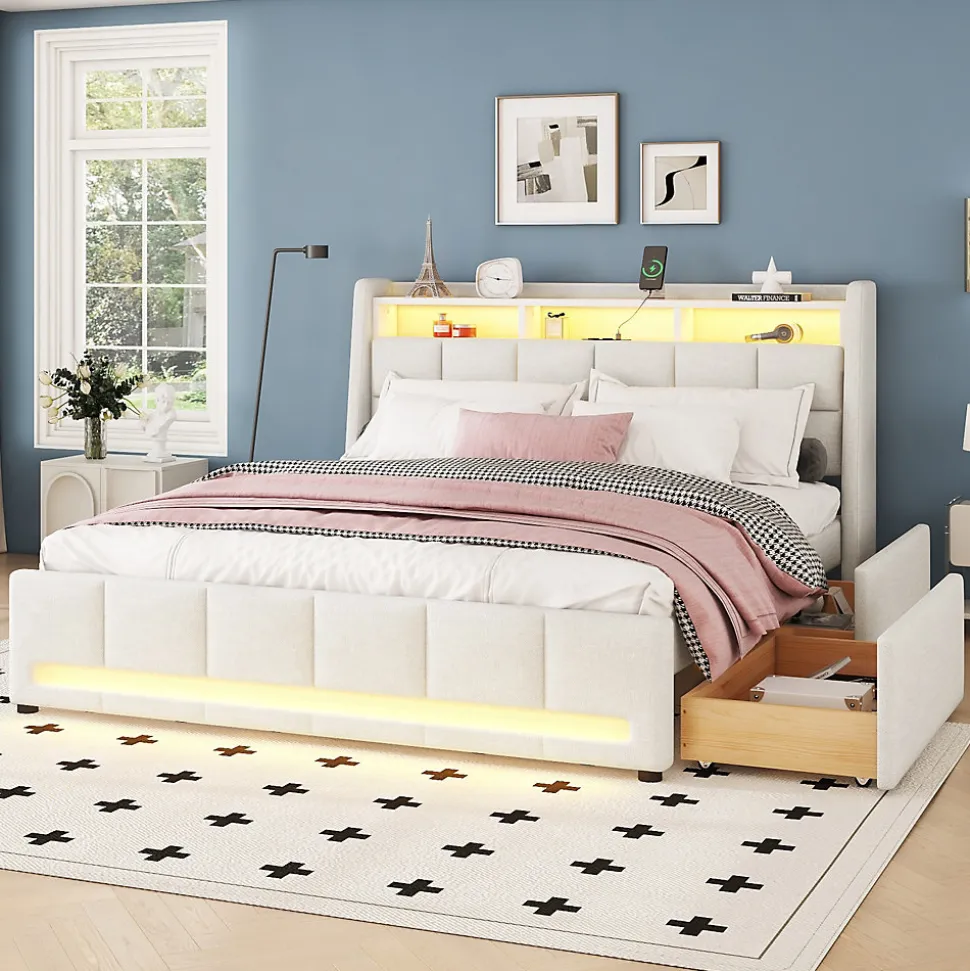 Lit avec rangement 160 x 200 cm - Lit Double avec 2 Tiroirs et Prise USB - Lin - Sans Matelas - Beige