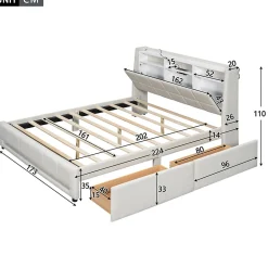 Lit avec rangement 160 x 200 cm - Lit Double avec 2 Tiroirs et Prise USB - Lin - Sans Matelas - Beige