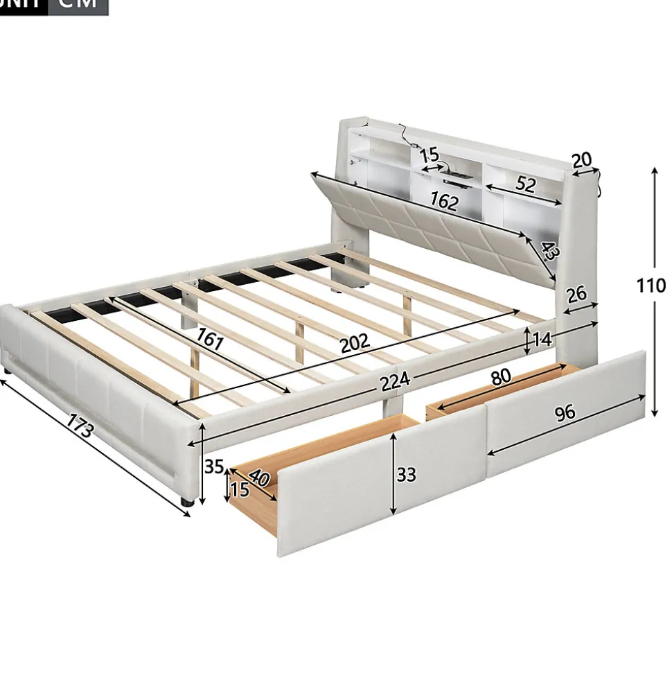 Lit avec rangement 160 x 200 cm - Lit Double avec 2 Tiroirs et Prise USB - Lin - Sans Matelas - Beige