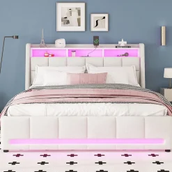 Lit avec rangement 160 x 200 cm - Lit Double avec 2 Tiroirs et Prise USB - Lin - Sans Matelas - Beige