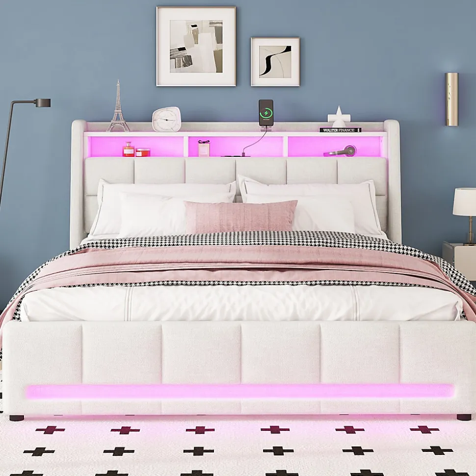 Lit avec rangement 160 x 200 cm - Lit Double avec 2 Tiroirs et Prise USB - Lin - Sans Matelas - Beige