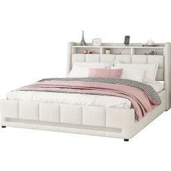 Lit avec rangement 160 x 200 cm - Lit Double avec 2 Tiroirs et Prise USB - Lin - Sans Matelas - Beige