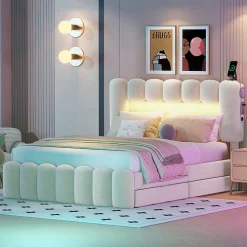 Lit avec Rangement 140 x 200 cm - Lit Capitonné Beige avec 4 Tiroirs et LED - Velours + MDF - Sans Matelas