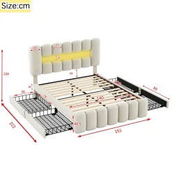 Lit avec Rangement 140 x 200 cm - Lit Capitonné Beige avec 4 Tiroirs et LED - Velours + MDF - Sans Matelas