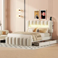 Lit avec Rangement 140 x 200 cm - Lit Capitonné Beige avec 4 Tiroirs et LED - Velours + MDF - Sans Matelas