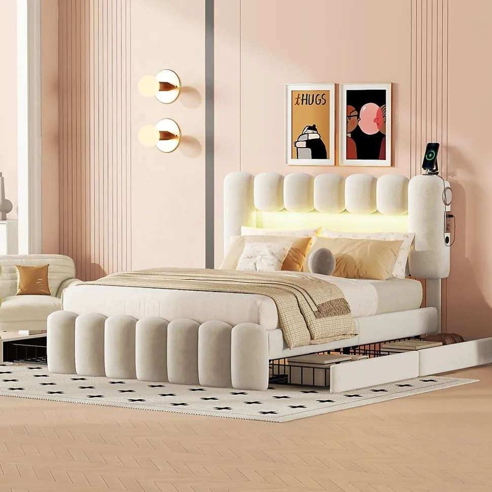 Lit avec Rangement 140 x 200 cm - Lit Capitonné Beige avec 4 Tiroirs et LED - Velours + MDF - Sans Matelas