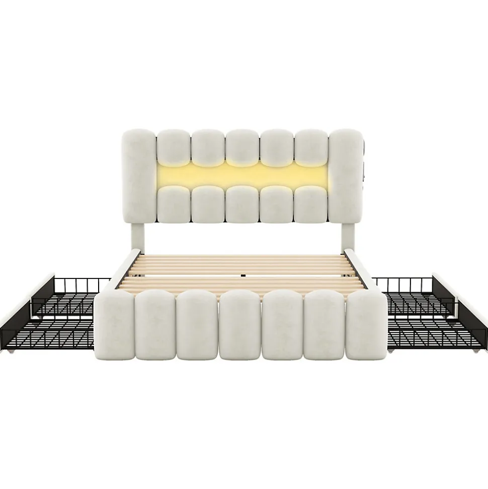 Lit avec Rangement 140 x 200 cm - Lit Capitonné Beige avec 4 Tiroirs et LED - Velours + MDF - Sans Matelas