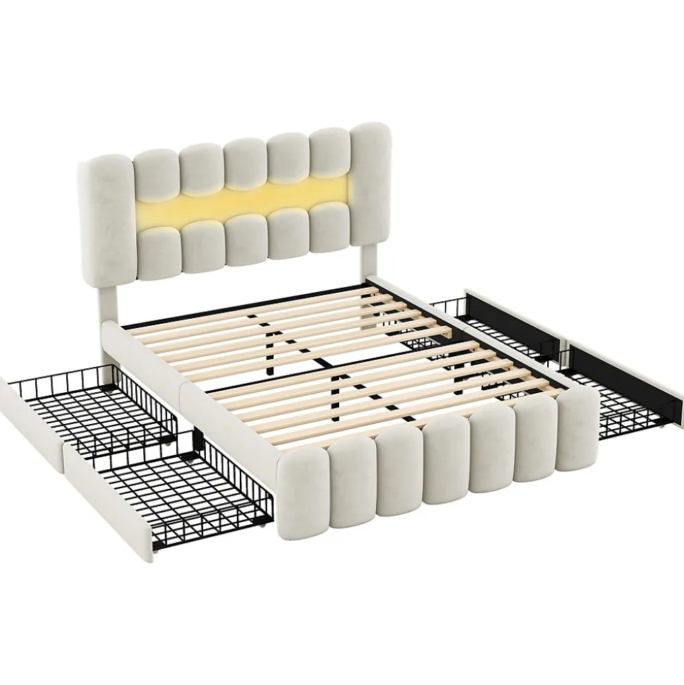 Lit avec Rangement 140 x 200 cm - Lit Capitonné Beige avec 4 Tiroirs et LED - Velours + MDF - Sans Matelas