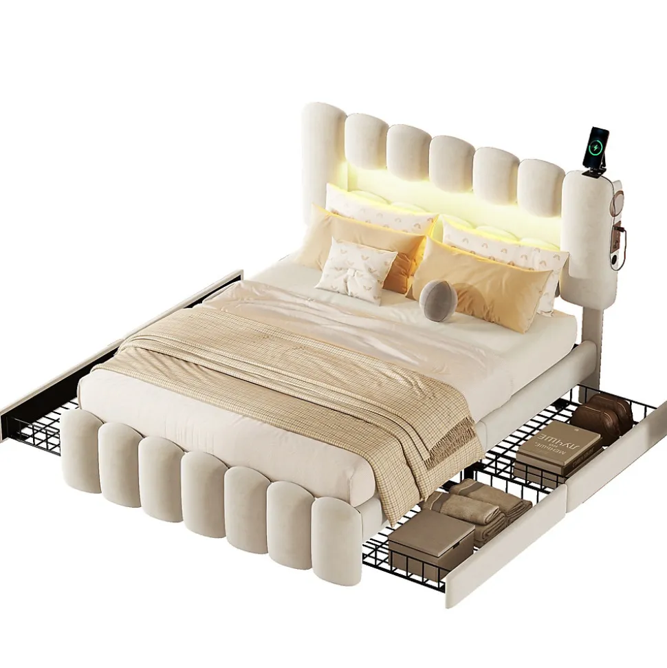 Lit avec Rangement 140 x 200 cm - Lit Capitonné Beige avec 4 Tiroirs et LED - Velours + MDF - Sans Matelas
