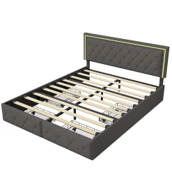 Lit avec Rangement avec éclairage LED, PU Cuir 4 Tiroirs Lit Capitonné avec sommier Gris, 140X200CM