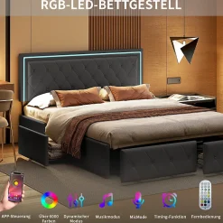 Lit avec Rangement avec éclairage LED, PU Cuir 4 Tiroirs Lit Capitonné avec sommier Gris, 140X200CM